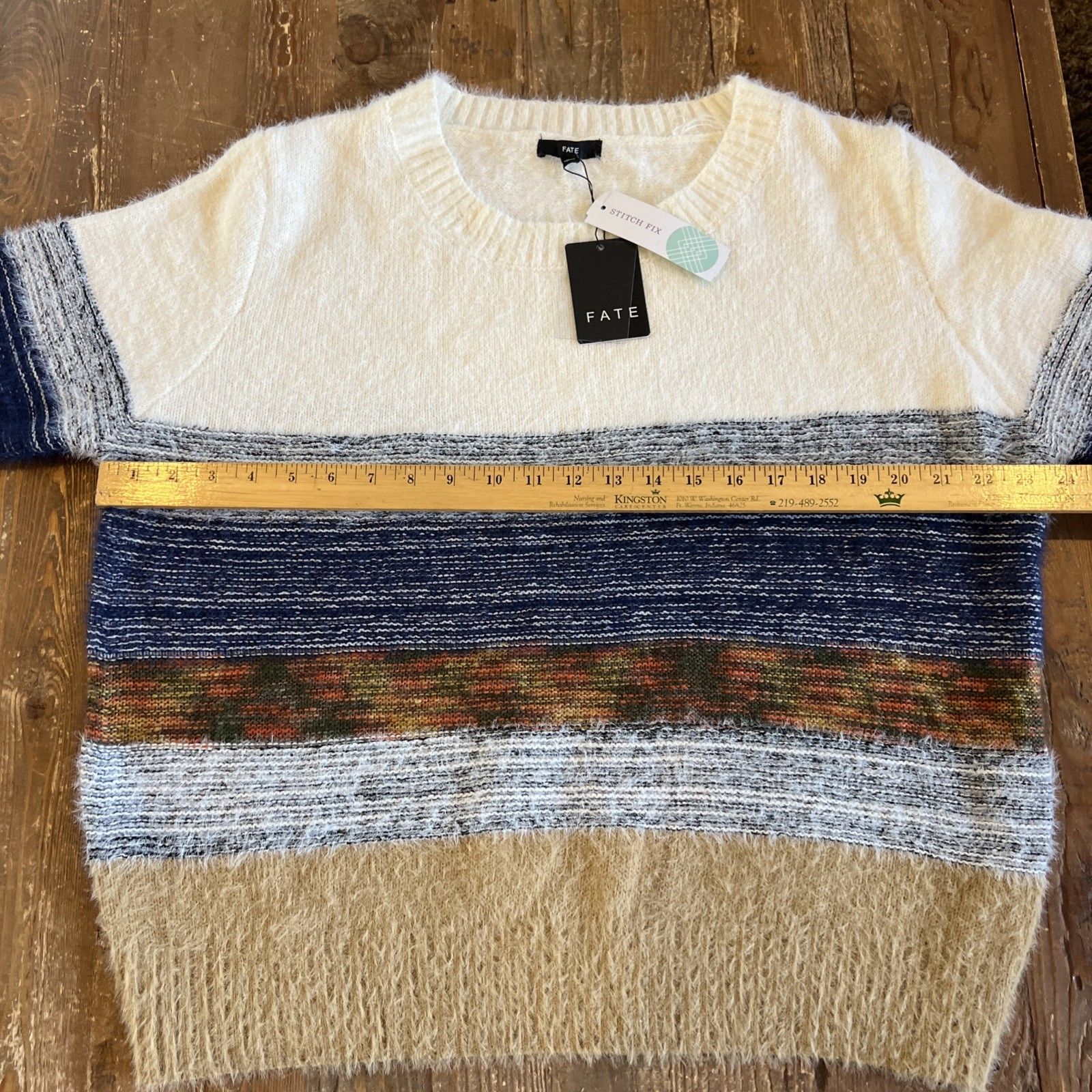 Nwt Fate Women’s Xl Fuzzy Colorblock Striped Sweater Stretch Fit Cream Blue — image 3 of 7
